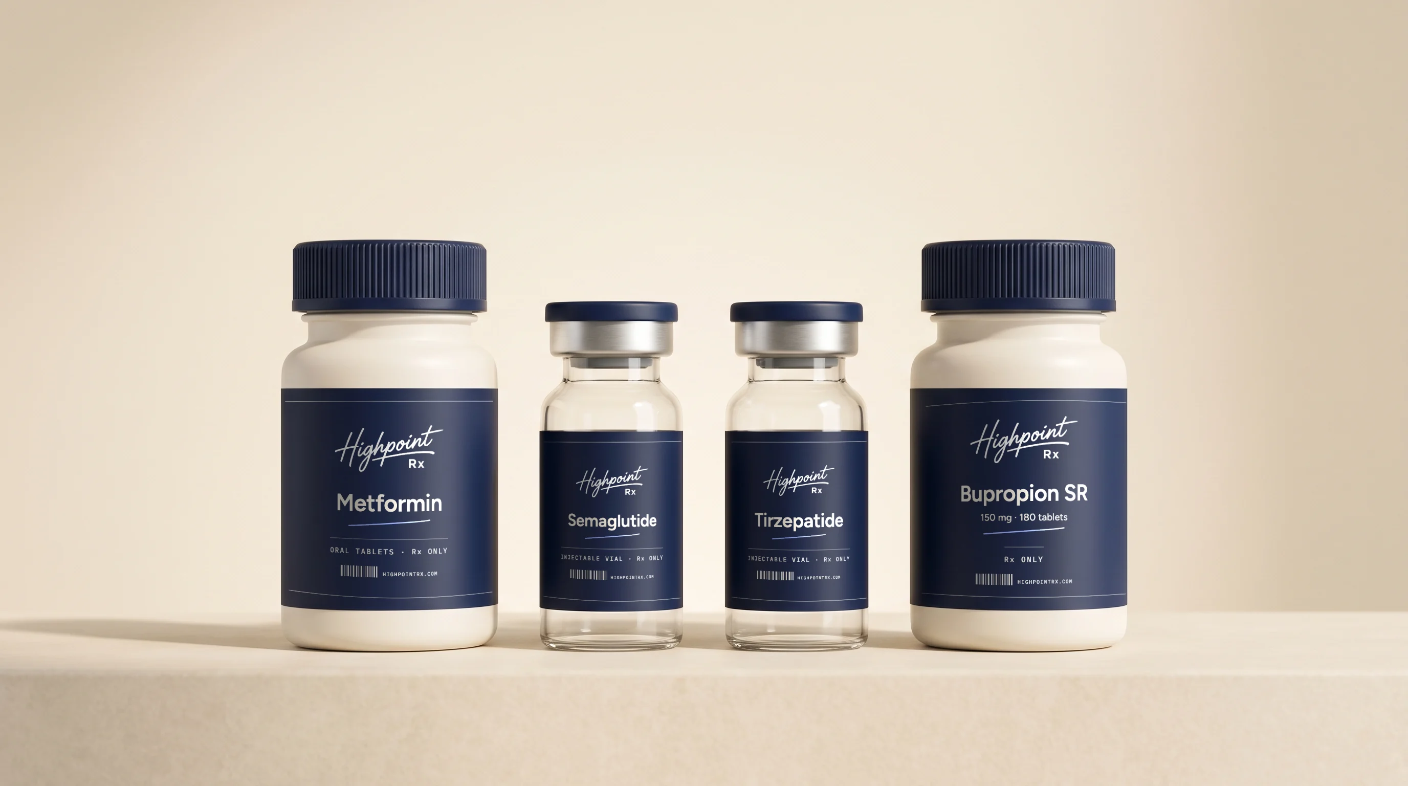 HighPoint Rx metformin, semaglutide, tirzepatide and bupropion containers